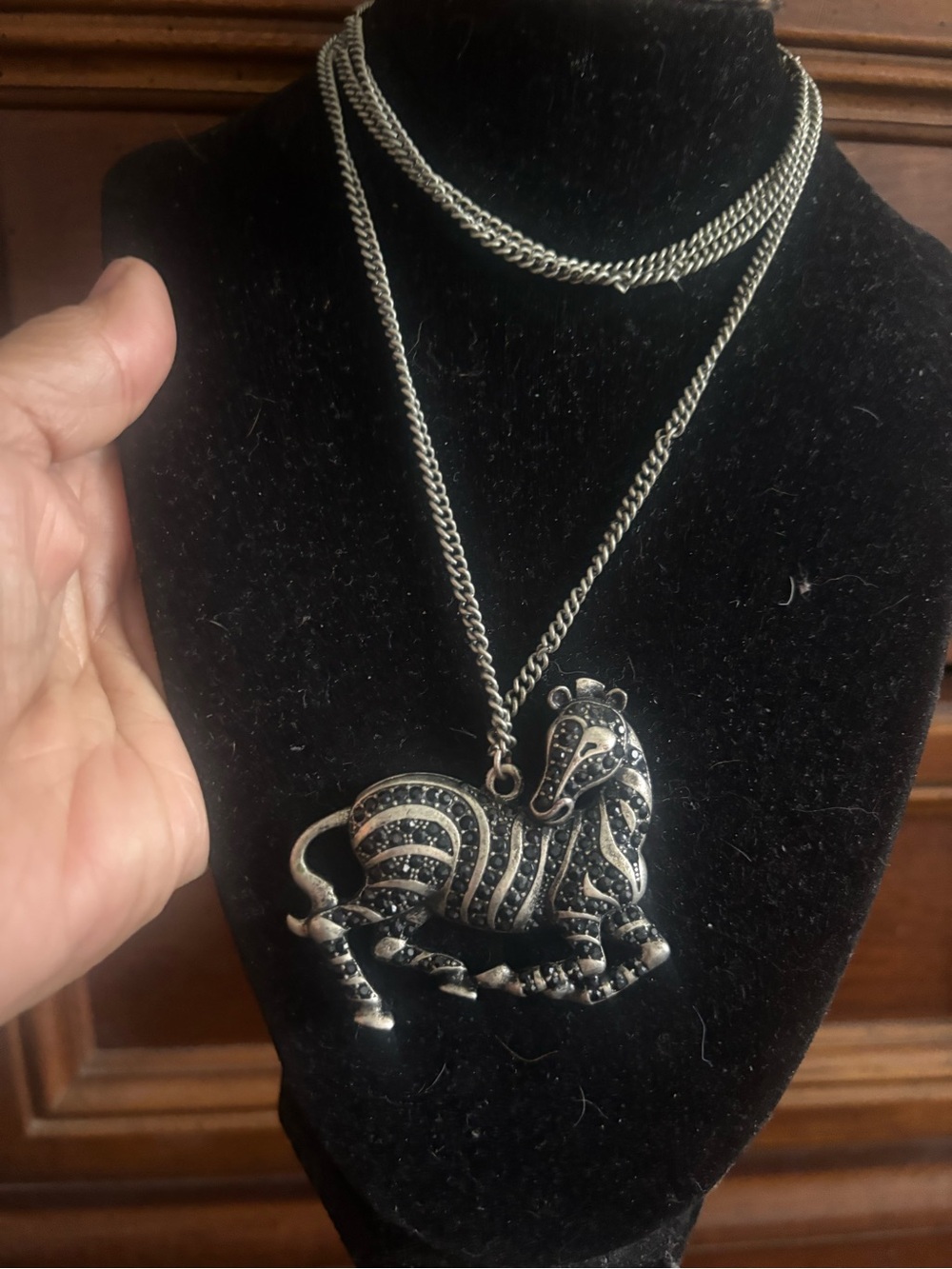 Silver Zebra Pendant Necklace - Black Crystal Accents